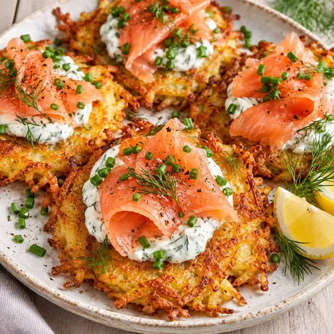 Kartoffelpuffer mit Räucherlachs, Dillcreme, Schnittlauch und Zitrone