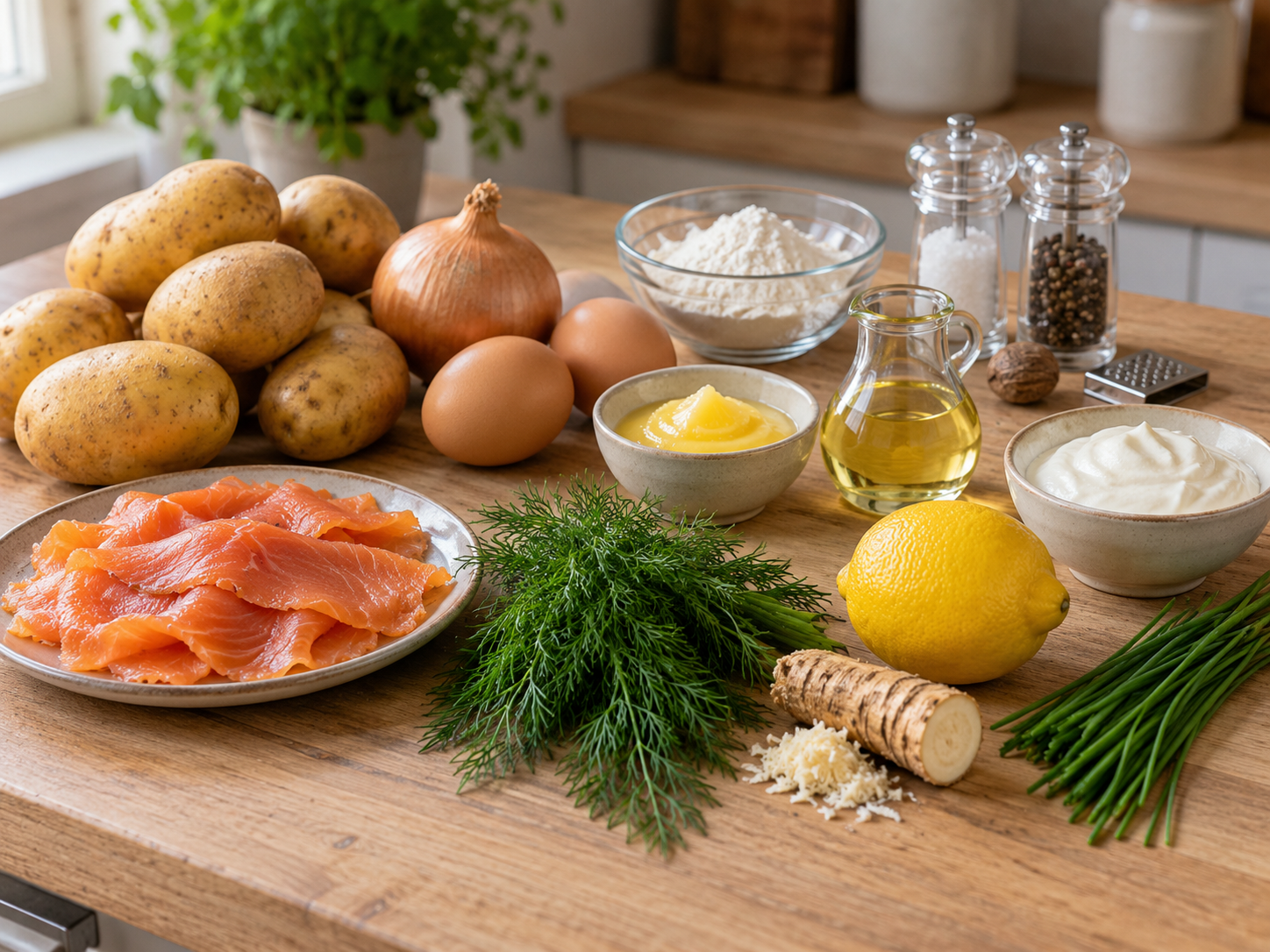 Zutaten für Kartoffelpuffer mit Räucherlachs und Dillcreme