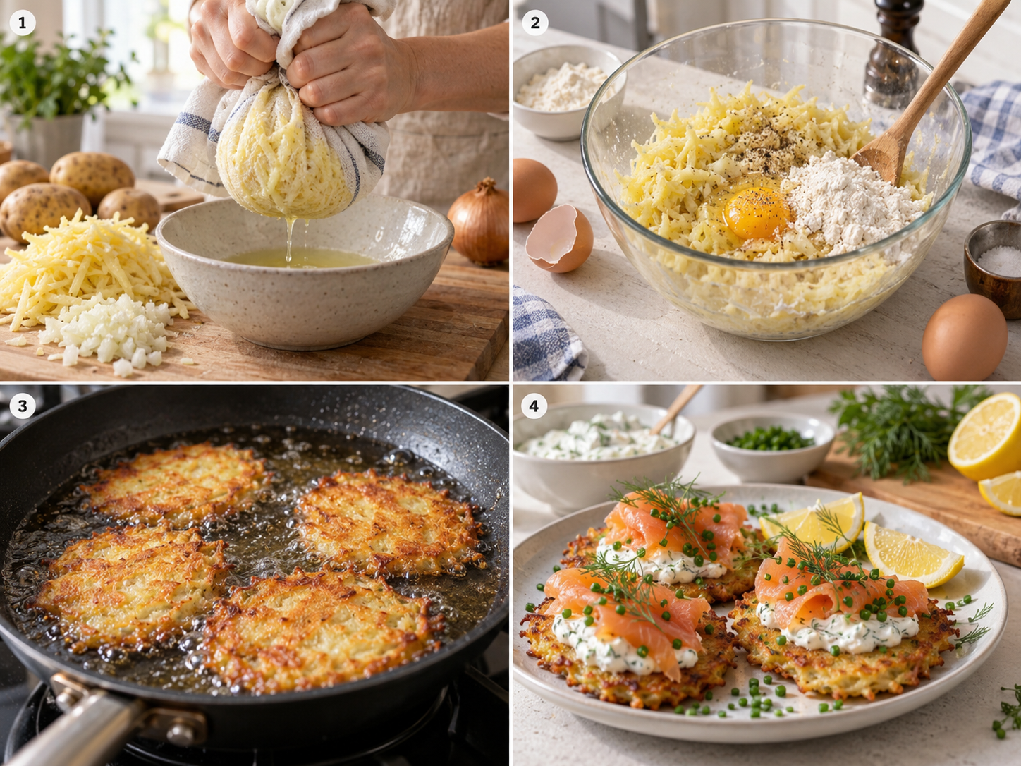 Vier Schritte für Kartoffelpuffer mit Räucherlachs und Dillcreme