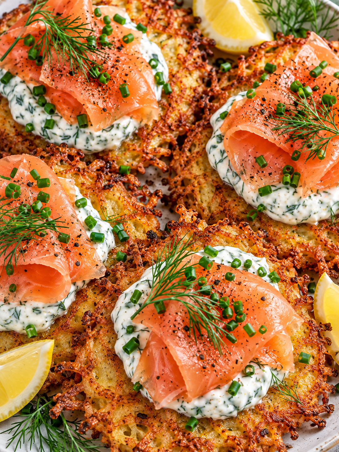 Kartoffelpuffer mit Räucherlachs, Dillcreme und Zitrone auf einem Teller