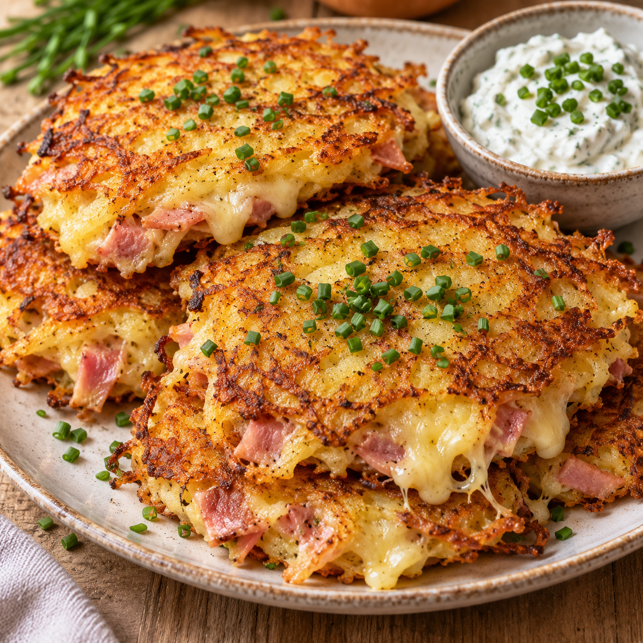 Goldbraune Kartoffelpuffer mit Schinken, Käse und Schnittlauch