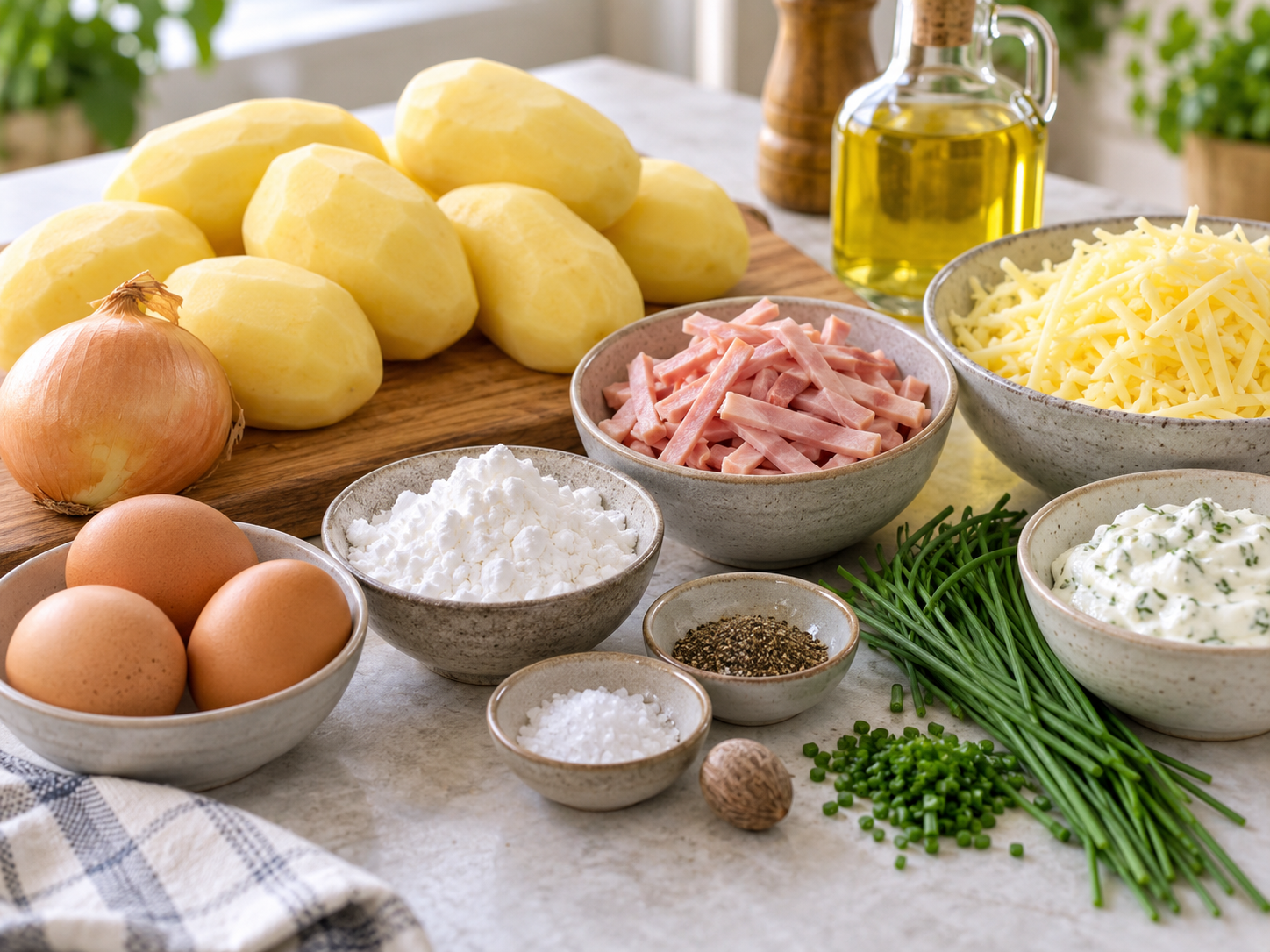 Zutaten für Kartoffelpuffer mit Schinken und Käse auf heller Fläche