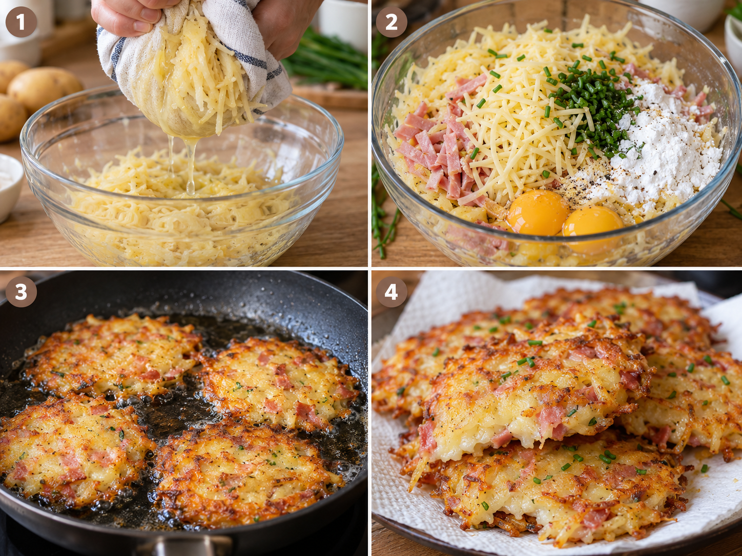 Vier Schritte für Kartoffelpuffer mit Schinken und Käse