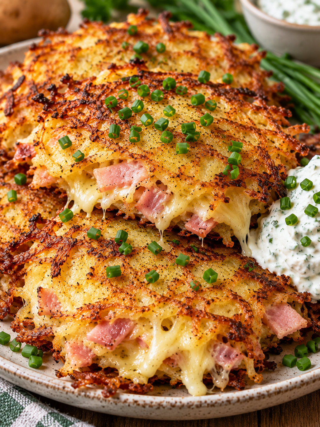 Knusprige Kartoffelpuffer mit Schinken, Käse und Kräuterquark
