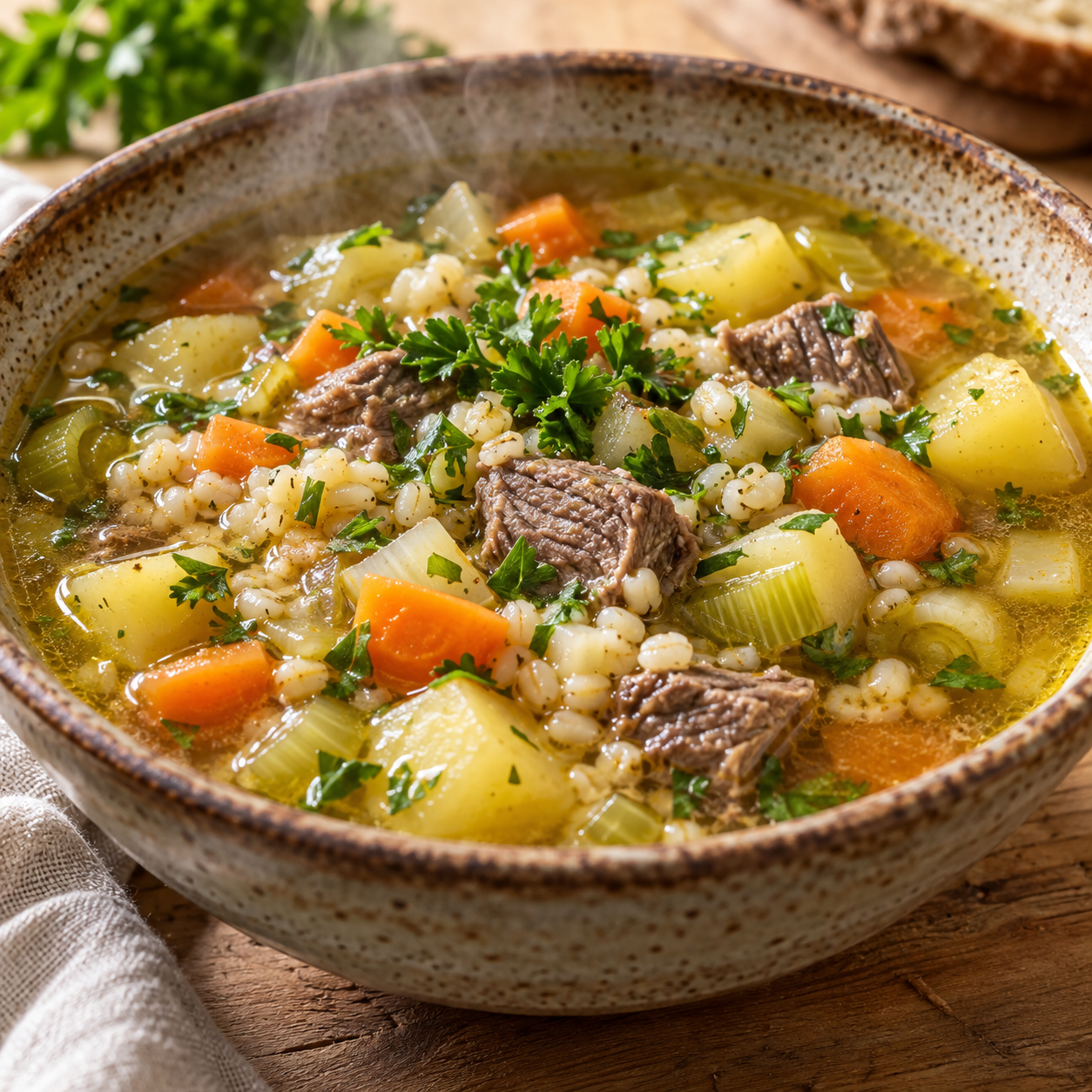 Kartoffelsuppe mit Gräupchen, Rindfleisch, Wurzelgemüse und Petersilie