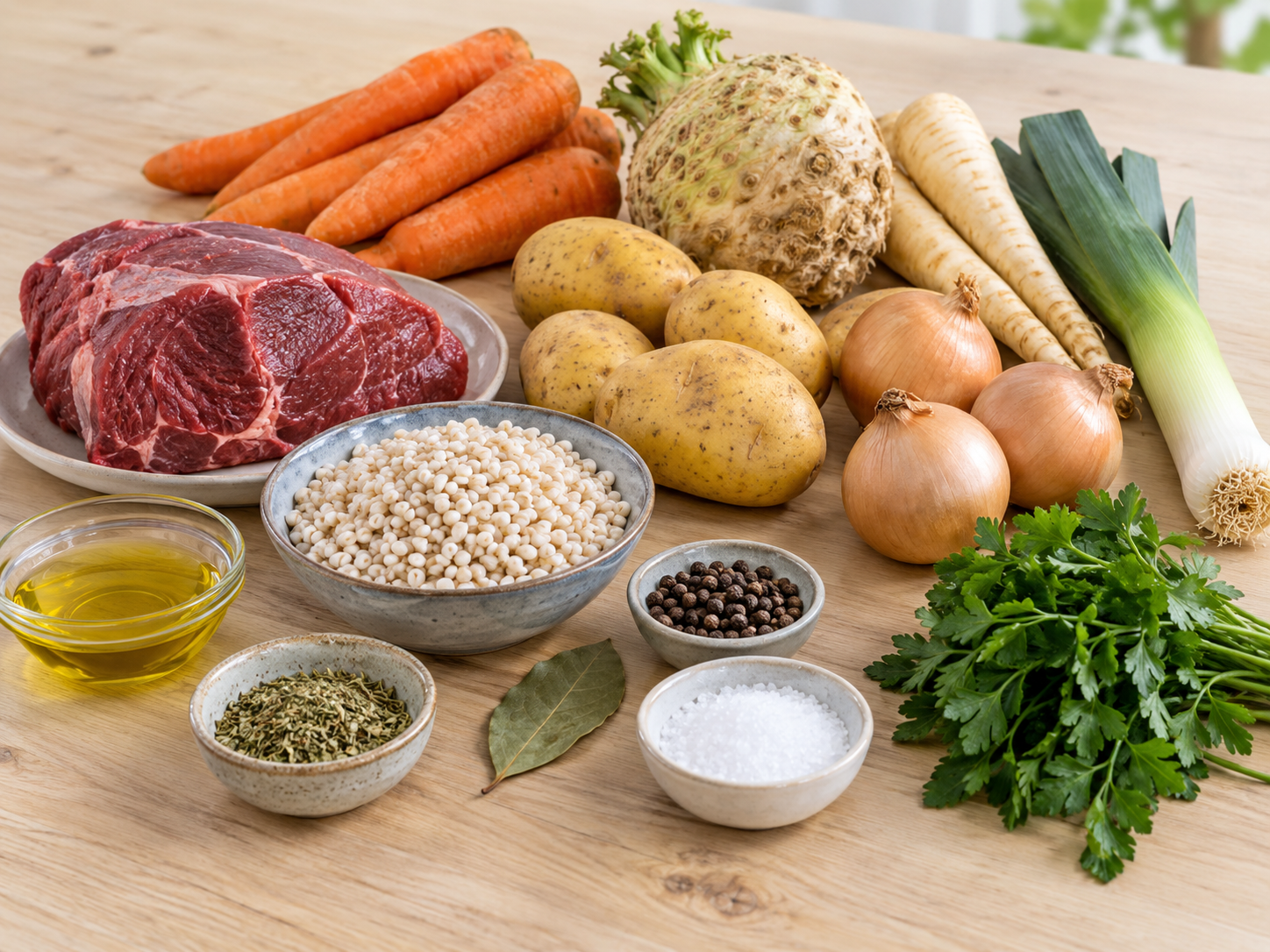 Zutaten für Kartoffelsuppe mit Gräupchen, Rindfleisch und Wurzelgemüse