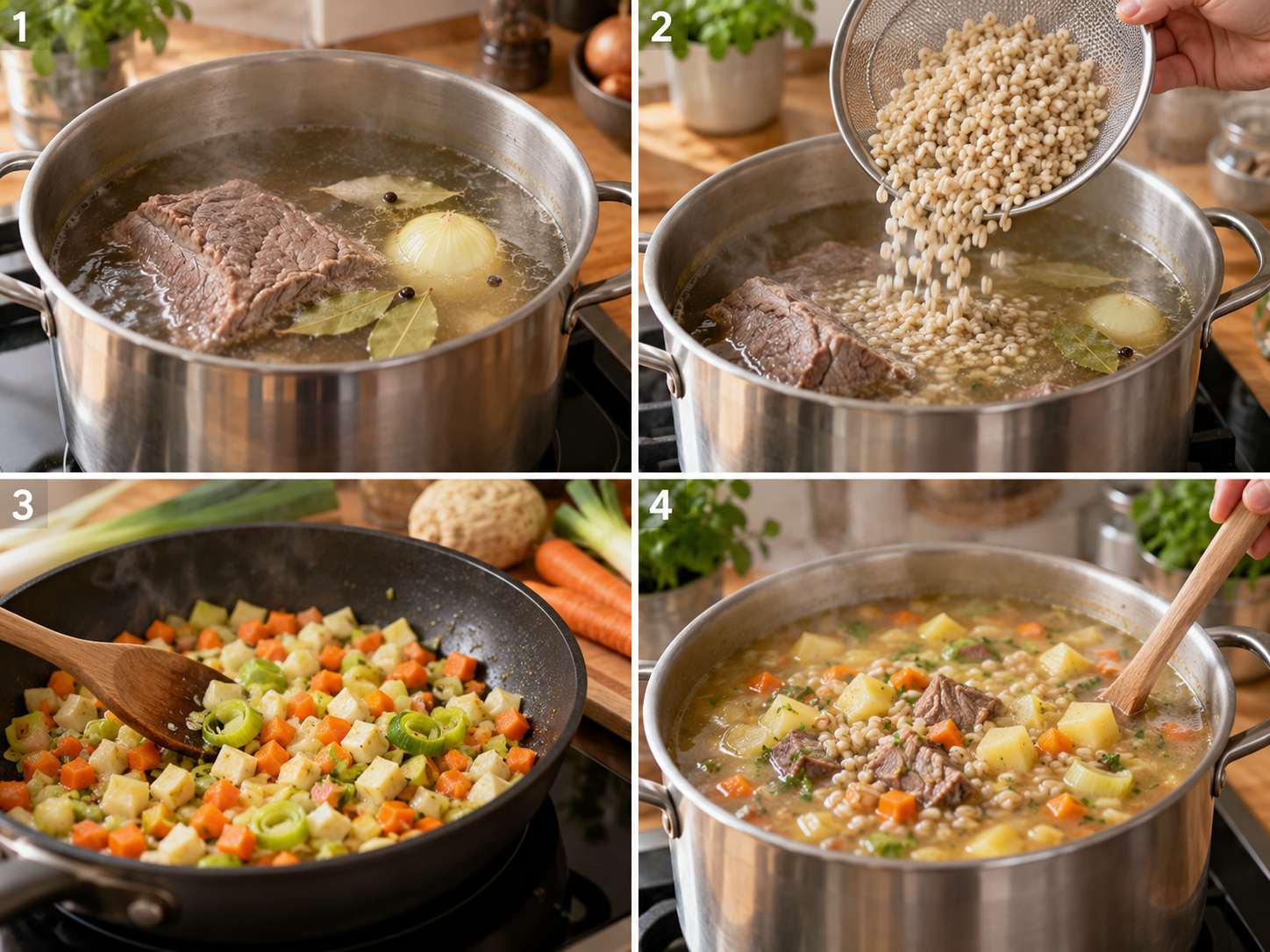 Vier Kochschritte für Kartoffelsuppe mit Gräupchen und Rindfleisch