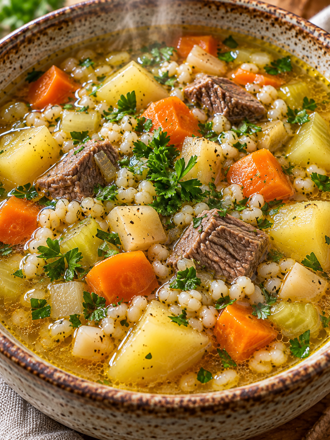 Dampfende Kartoffelsuppe mit Gräupchen, Rindfleisch und frischer Petersilie