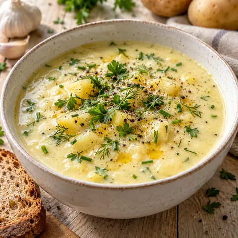 Cremige Kartoffelsuppe mit Kräutern in heller Schale