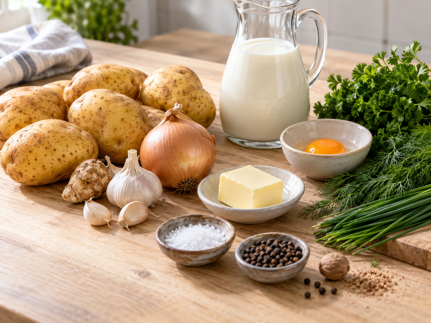 Zutaten für Kartoffelsuppe mit Knoblauch, Milch und Kräutern