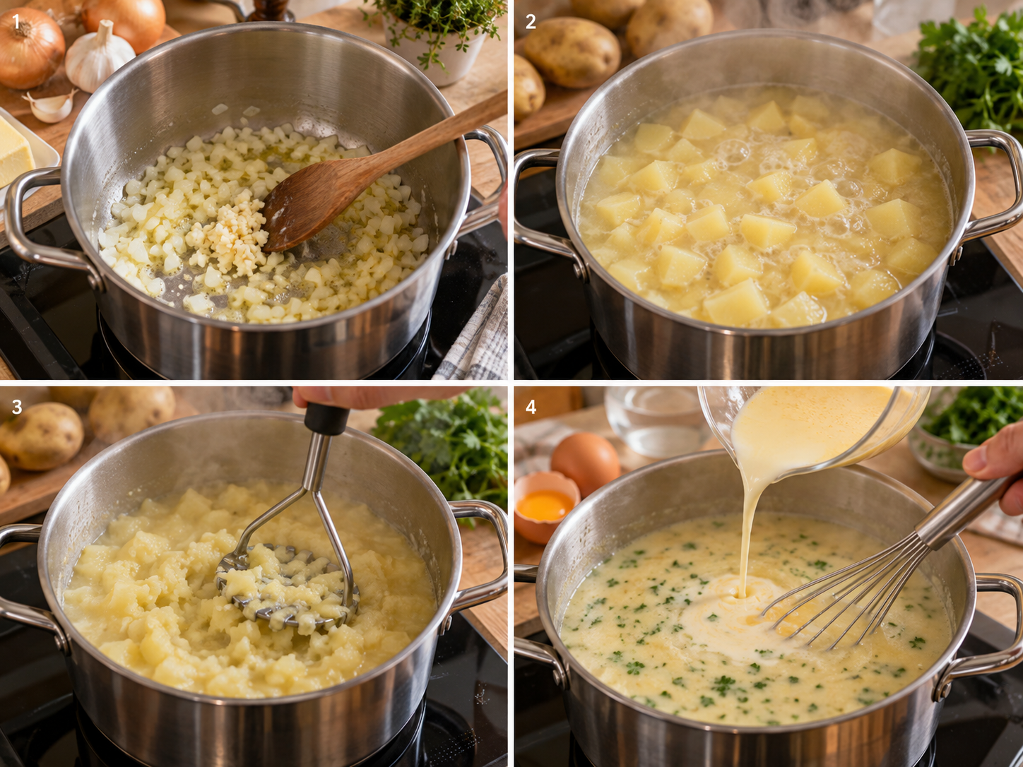 Vier Zubereitungsschritte für cremige Kartoffelsuppe