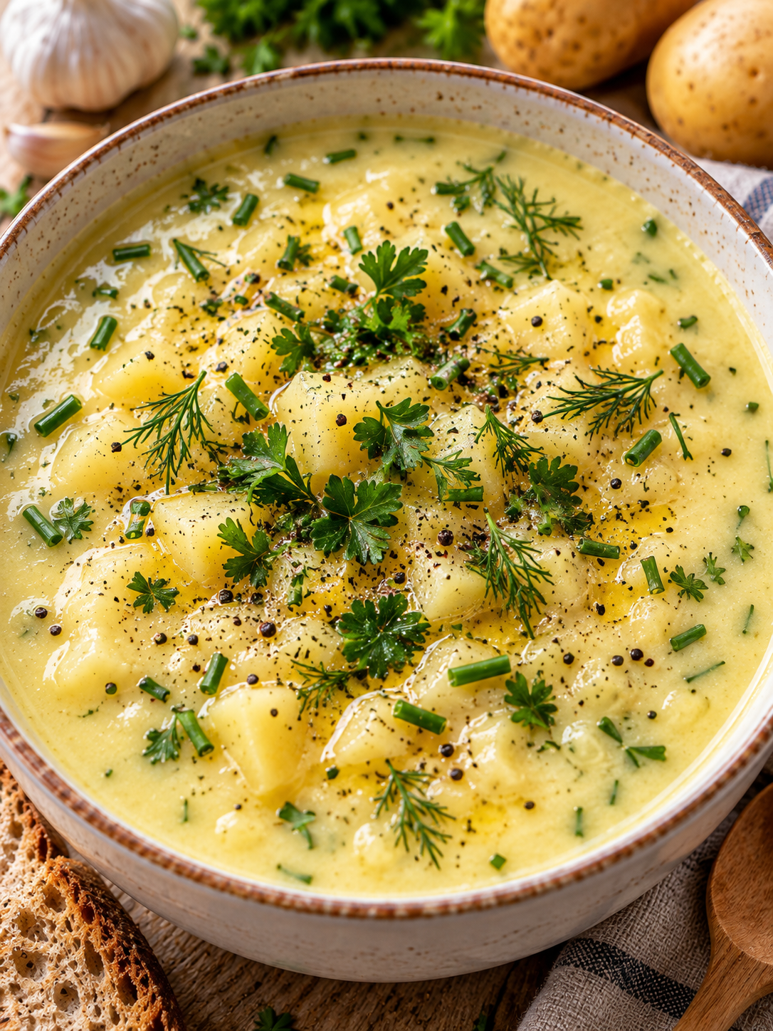 Cremige Kartoffelsuppe mit Knoblauch und frischen Kräutern