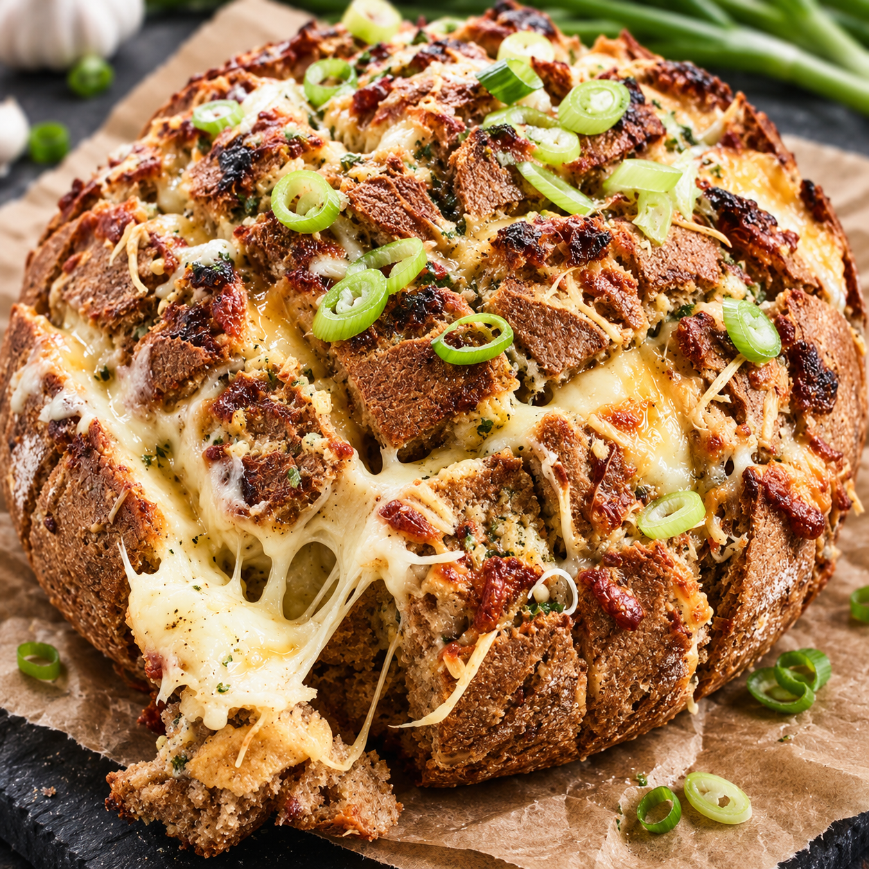 Käse-Zupfbrot mit geschmolzenem Käse und Frühlingszwiebeln