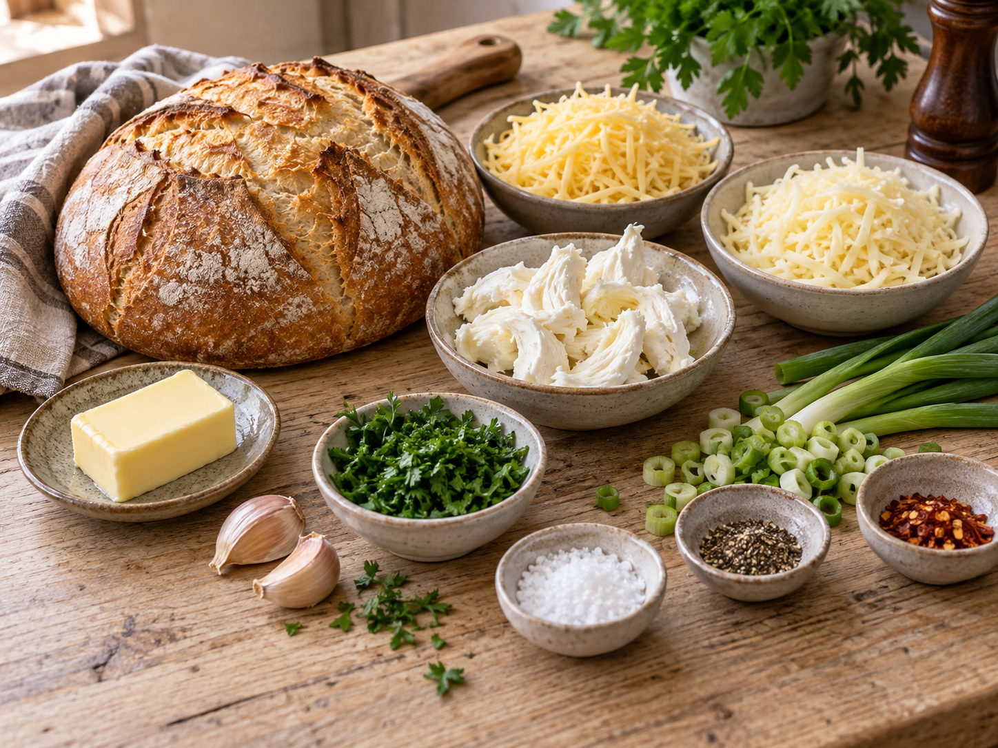 Zutaten für Käse-Zupfbrot mit Brot, Käse, Butter und Kräutern