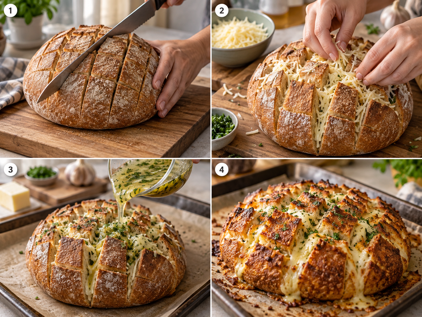 Vier Schritte für Käse-Zupfbrot vom Einschneiden bis zum Backen