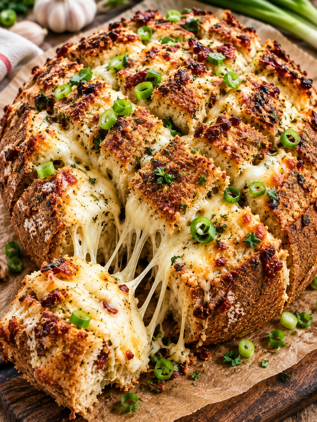 Warmes Käse-Zupfbrot mit langen Käsefäden und Frühlingszwiebeln