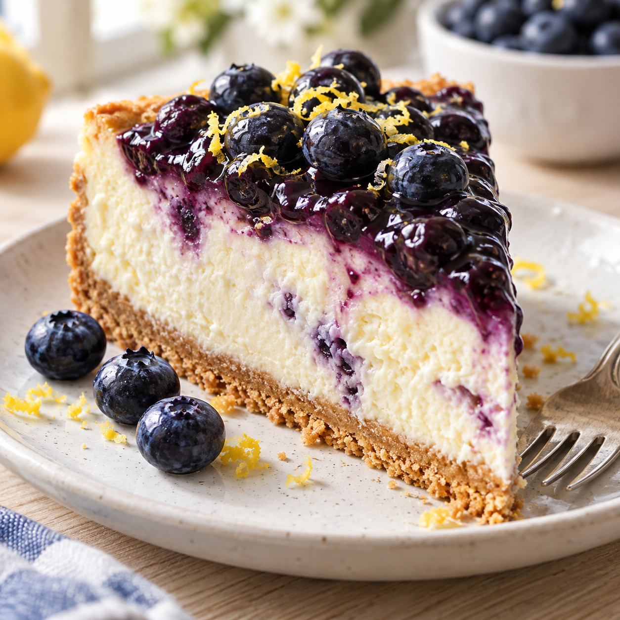 Käsekuchen mit frischen Blaubeeren und glänzendem Beerenbelag