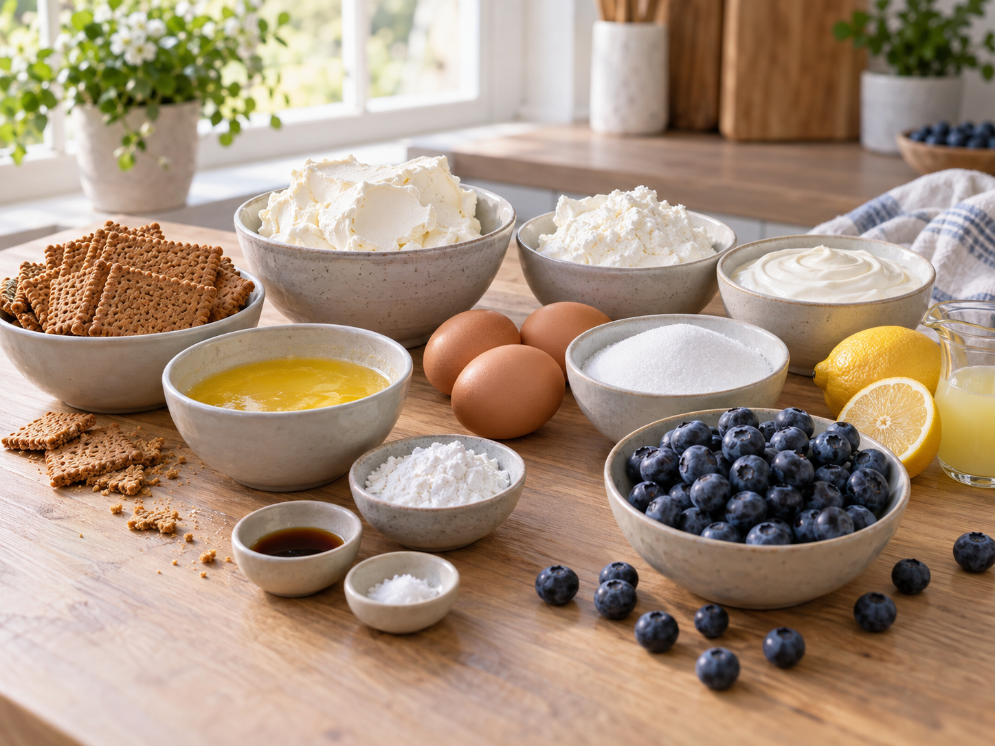 Zutaten für Blaubeer-Käsekuchen mit Quark, Frischkäse und Keksen