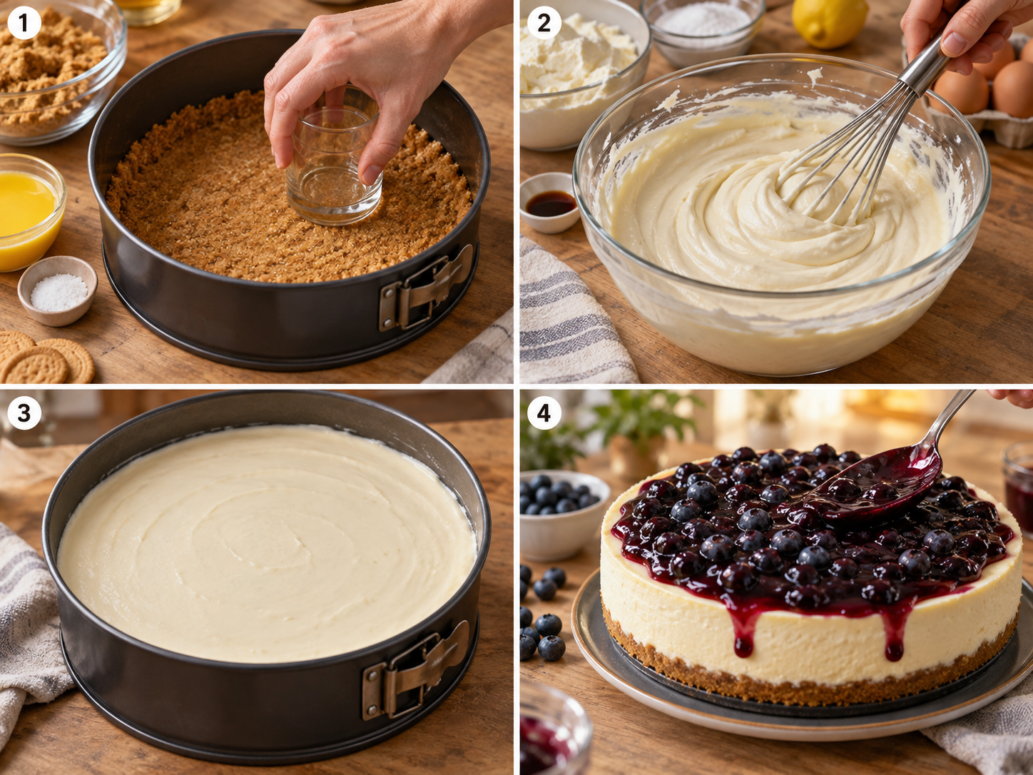Vier Schritte für Blaubeer-Käsekuchen vom Boden bis zum Beerenbelag