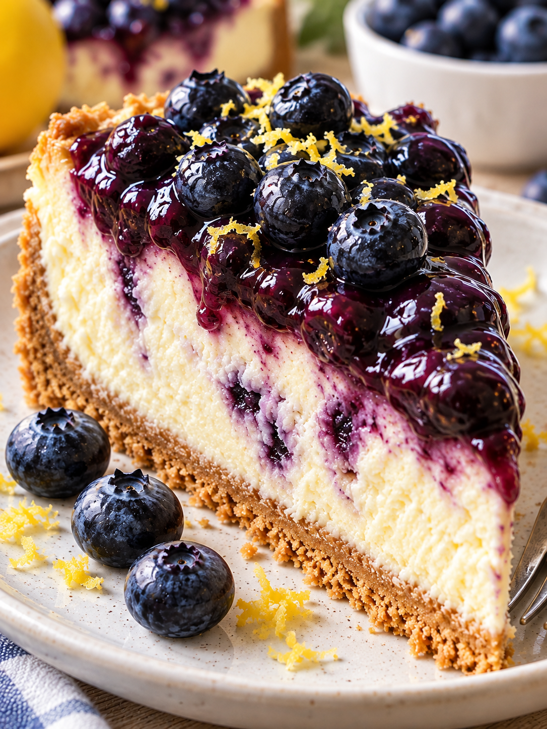 Cremiges Stück Blaubeer-Käsekuchen mit Keksboden und frischen Beeren
