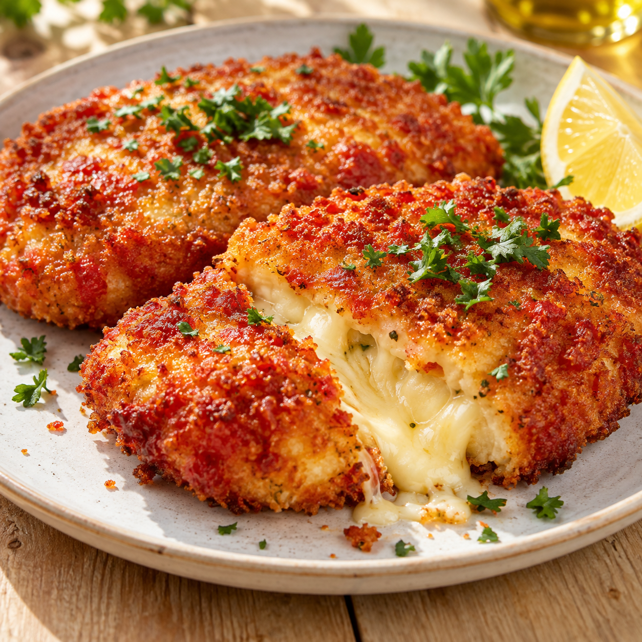 Käseschnitzel mit Tomatenpanade, Petersilie und Zitrone auf hellem Teller