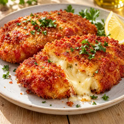 Käseschnitzel mit Tomatenpanade, Petersilie und Zitrone auf hellem Teller