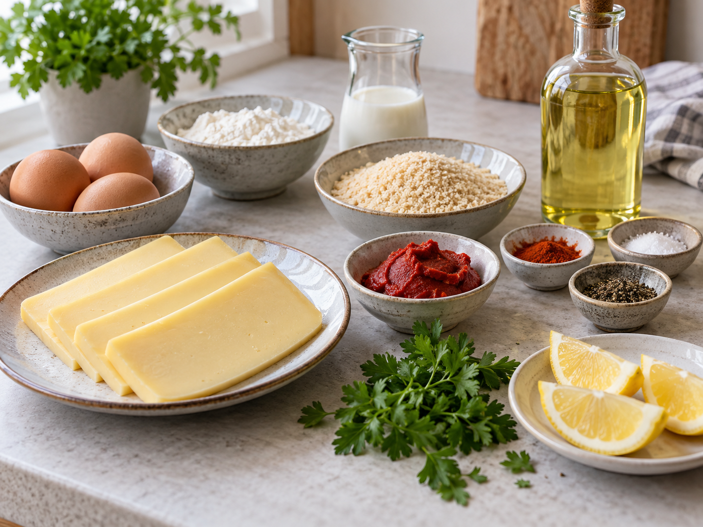 Zutaten für Käseschnitzel mit Tomatenpanade auf heller Arbeitsfläche