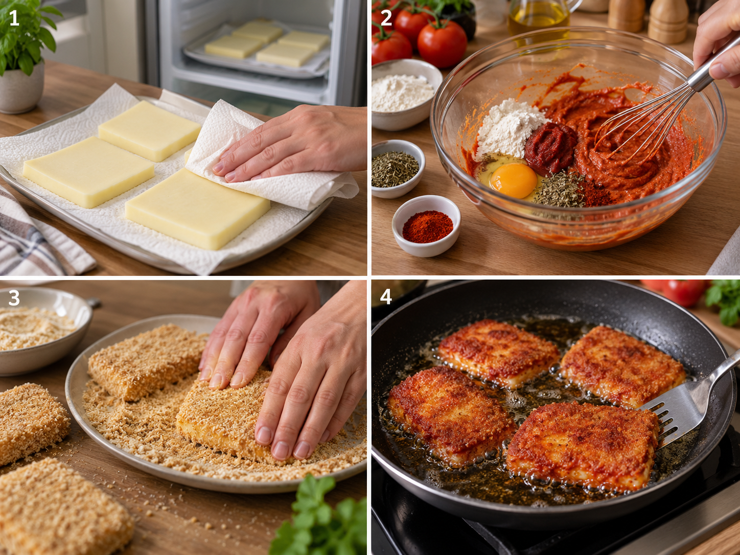 Vier Zubereitungsschritte für Käseschnitzel mit Tomatenpanade