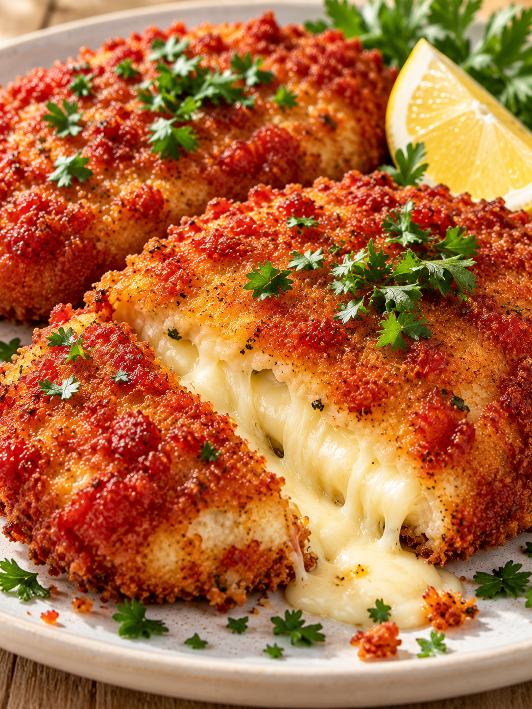 Knusprige Käseschnitzel mit Tomatenpanade und weich geschmolzenem Käse