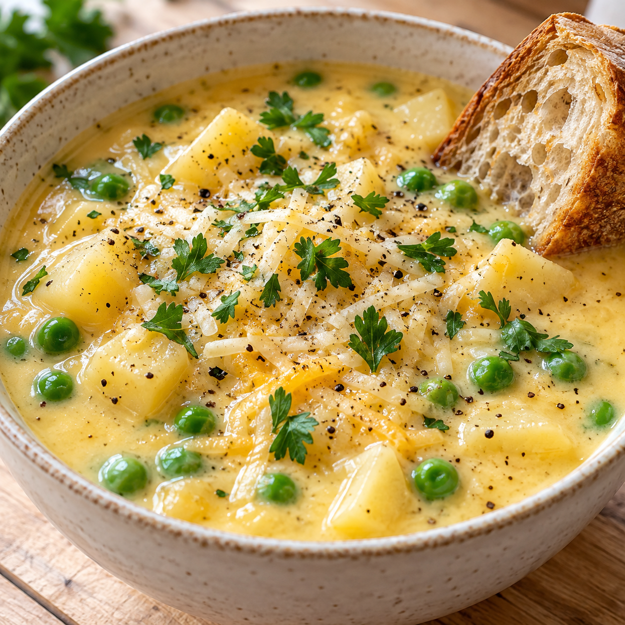 Cremige Käsesuppe mit Kartoffeln, Erbsen und Petersilie