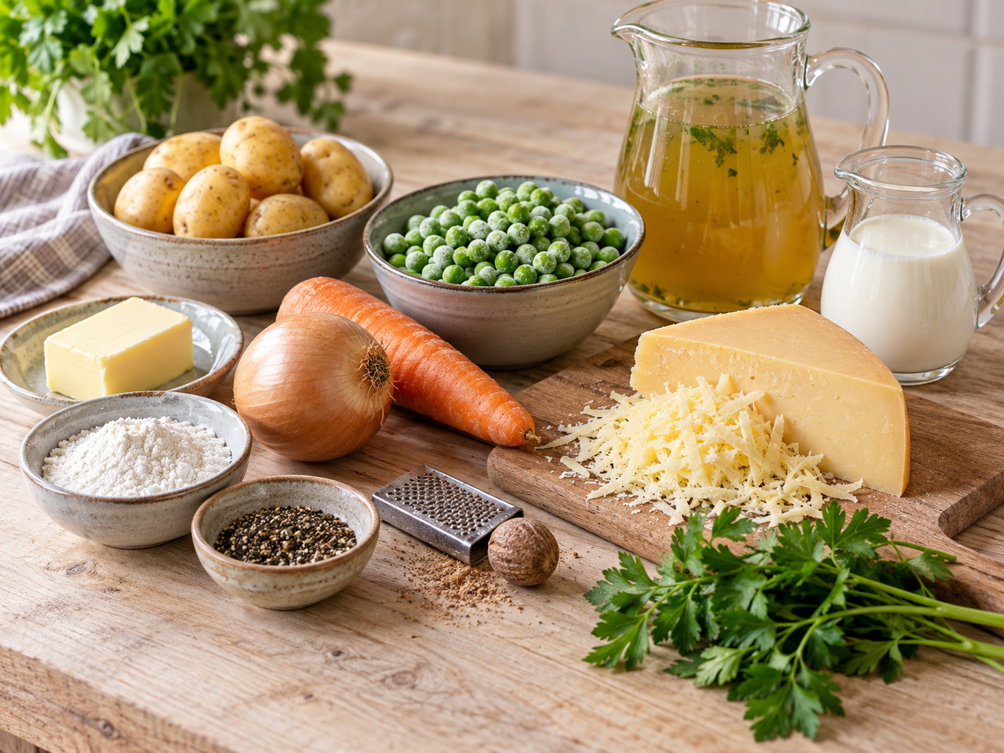 Zutaten für Käsesuppe mit Kartoffeln und Erbsen auf heller Fläche