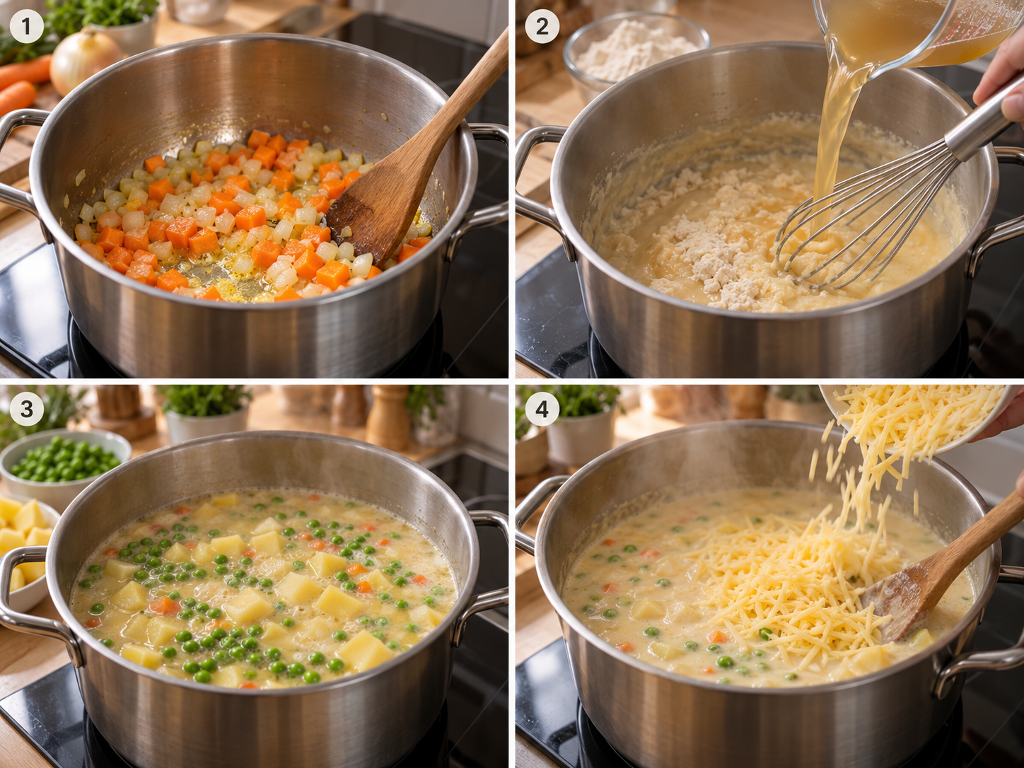 Vier Schritte der Käsesuppe vom Anschwitzen bis zum Käse einrühren
