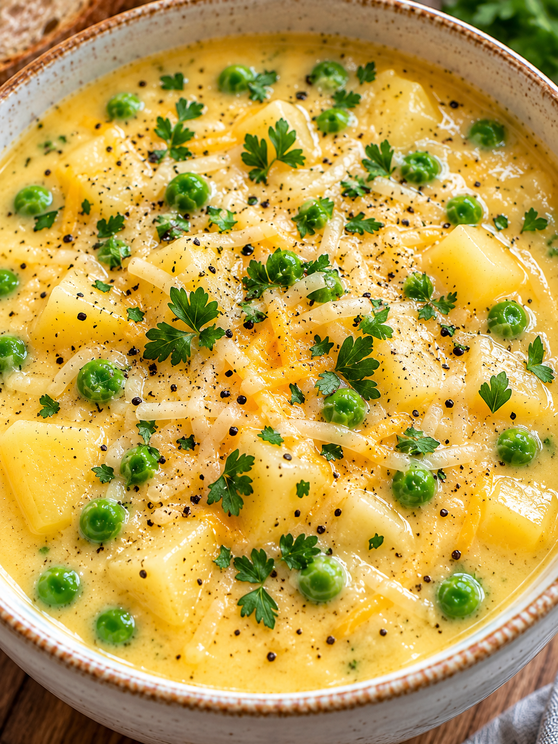 Schale Käsesuppe mit Kartoffeln, Erbsen, Gouda und Petersilie