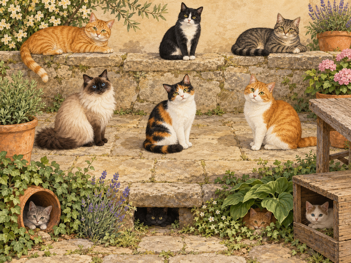 Katzenrätsel in drei Bildbereichen zum systematischen Zählen.