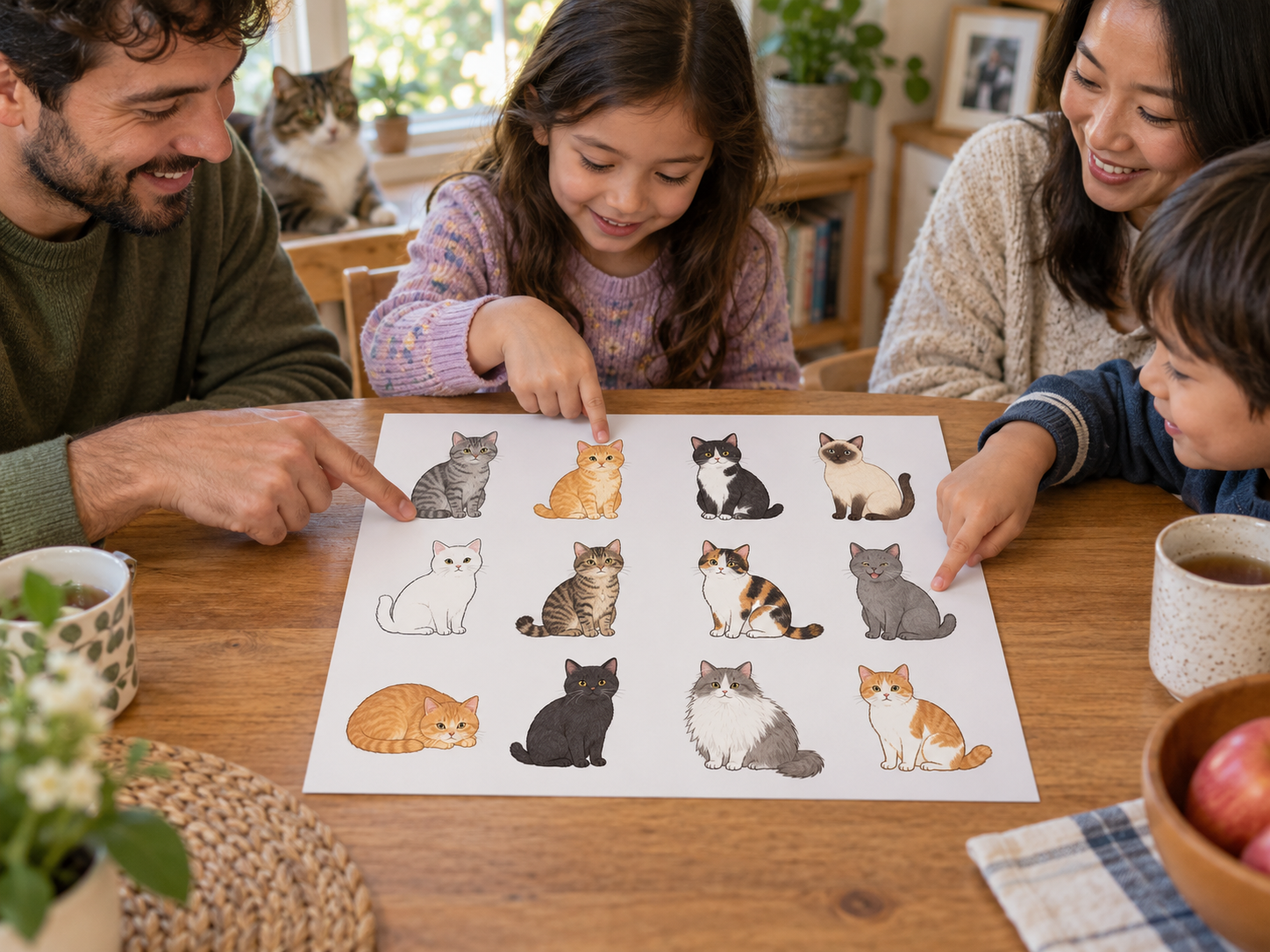Menschen betrachten gemeinsam ein Katzenzählrätsel auf einem Tisch.