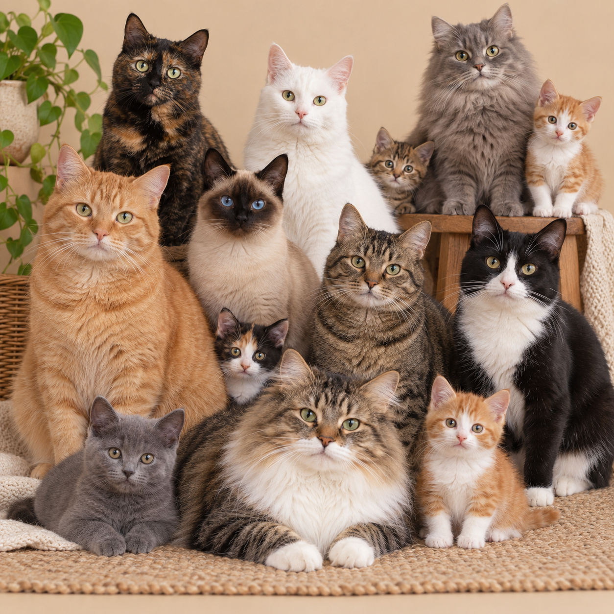 Illustration eines Katzenzählrätsels mit zwölf großen und kleinen Katzen.