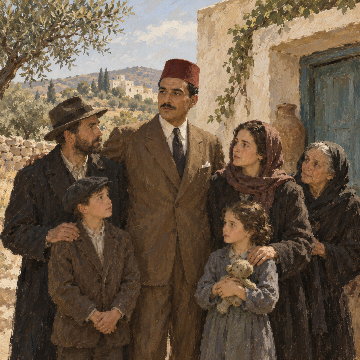 Illustration zur Geschichte Khaled Abdelwahabs: Ein Mann und Familien stehen vor einem ländlichen Gebäude.