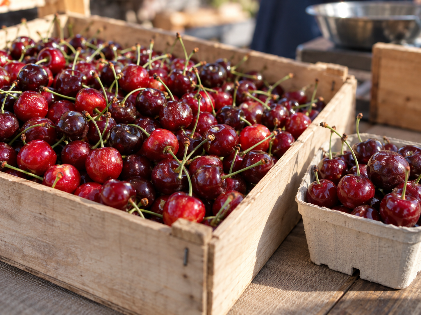 Rote und dunkelrote Kirschen mit Stielen in einer flachen Kiste und einer Pappschale.