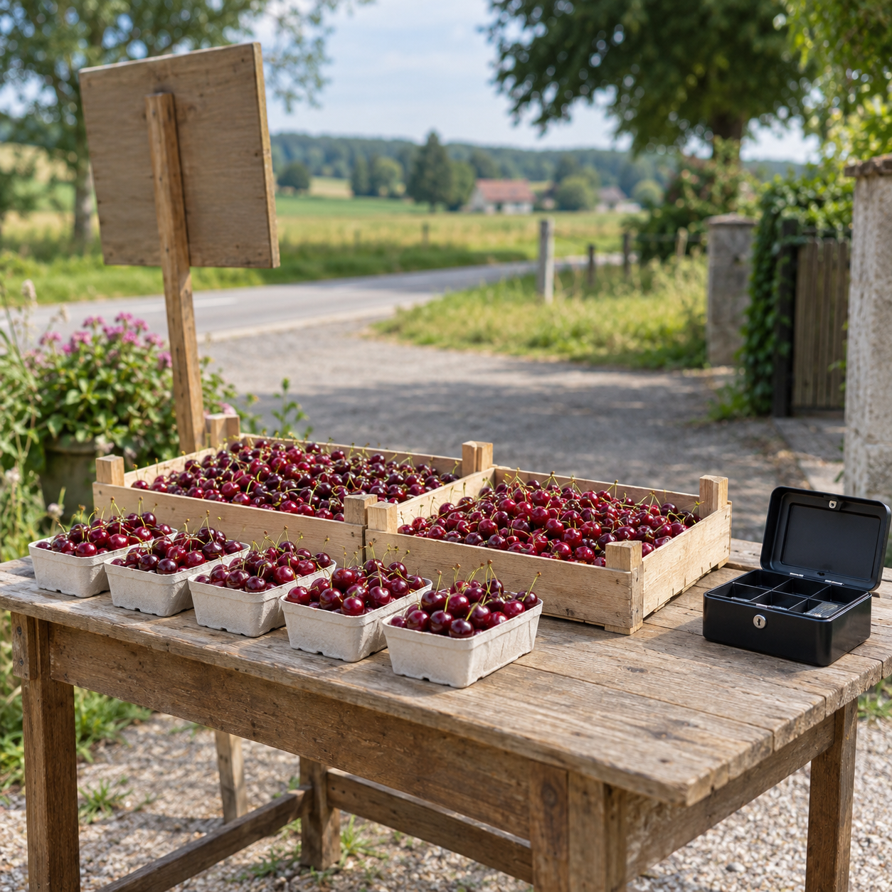 Beispielhafter Kirschenstand mit Holztisch, Obstkisten und Geldkassette an einer Hofzufahrt.