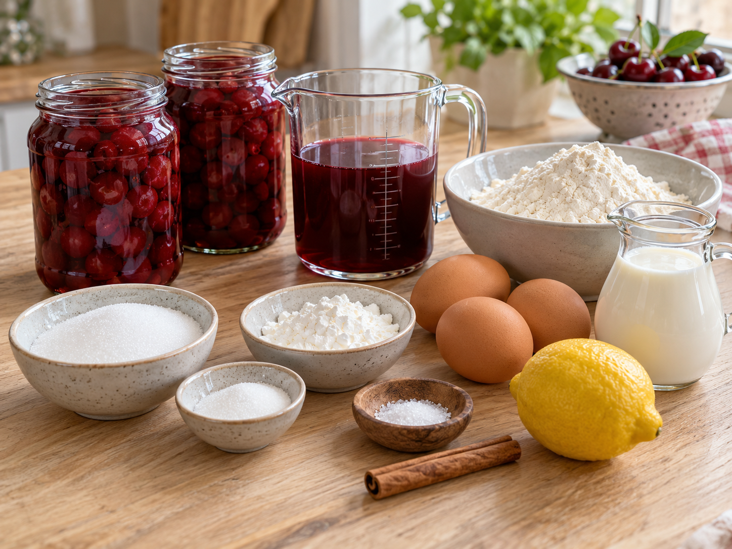 Zutaten für Kirschsuppe mit Klüten mit Kirschen, Mehl, Eiern und Milch