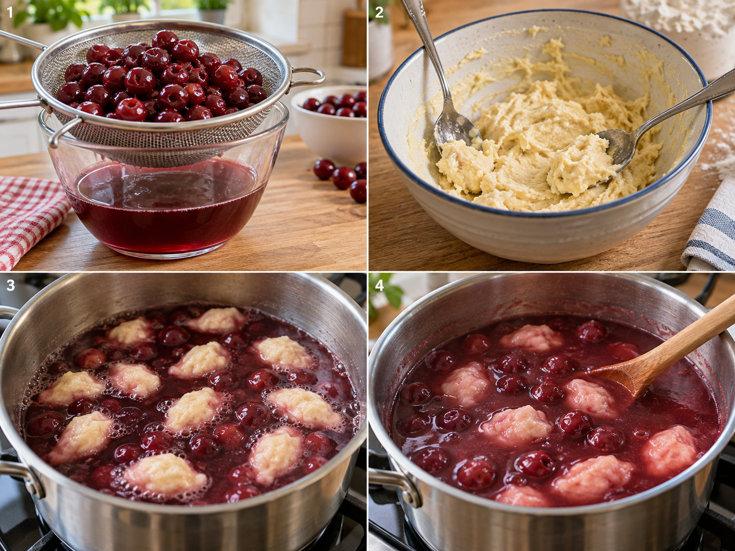 Vier Schritte für Kirschsuppe mit Klüten vom Kirschsaft bis zum Garen