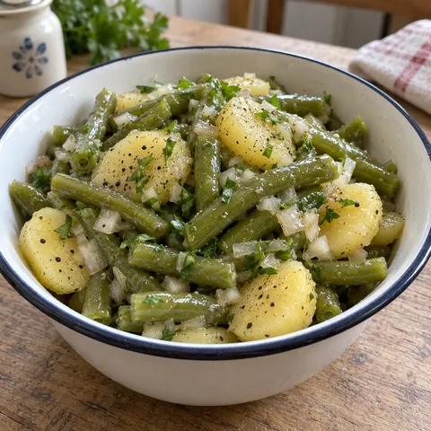 Klassischer DDR-Bohnensalat mit grünen Bohnen und Kartoffeln