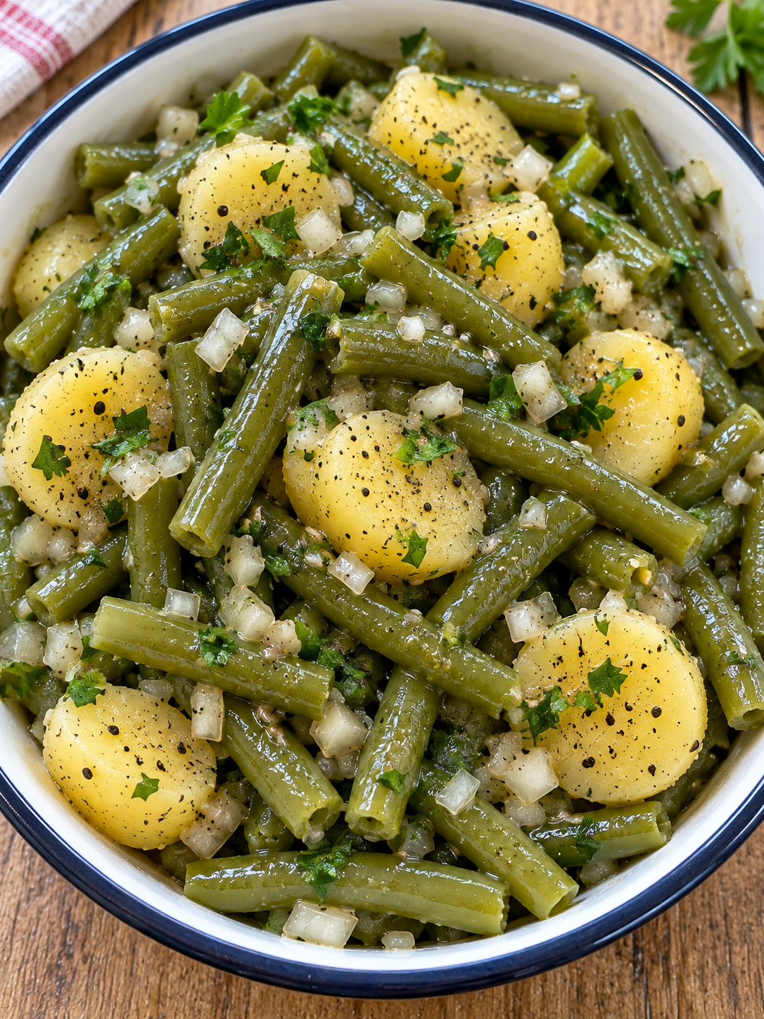 Schüssel DDR-Bohnensalat mit grünen Bohnen, Kartoffeln und Petersilie
