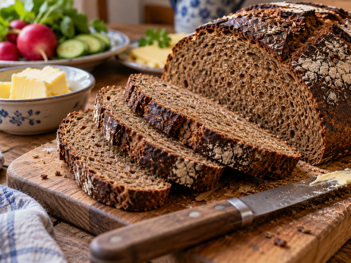 Dunkle Brotscheiben auf einem Holzbrett mit Butter und Messer.