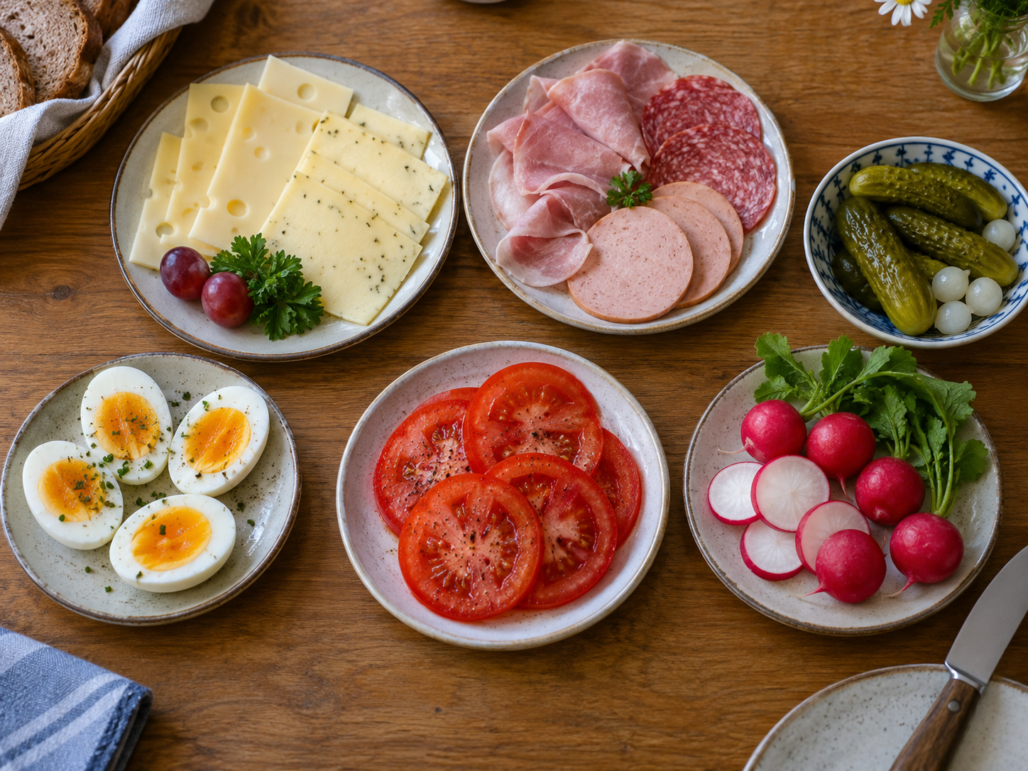 Getrennt angerichtete Abendbrot-Zutaten mit Käse, Aufschnitt, Eiern, Gurken und Gemüse.