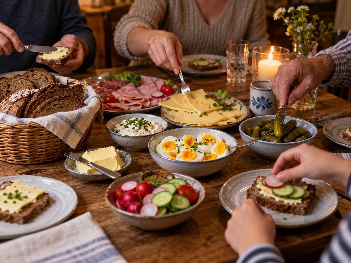 Mehrere Hände belegen Brotscheiben an einem gemeinsamen Abendbrottisch.