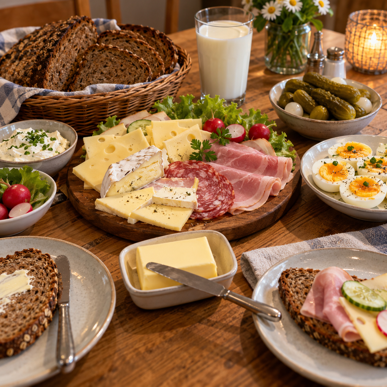 Klassischer Abendbrottisch mit dunklem Brot, Butter, Käse, Aufschnitt, Eiern, Gewürzgurken und Milch.