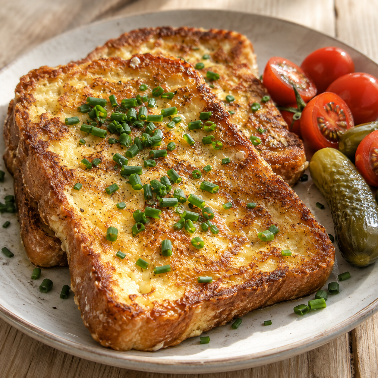 Goldbraunes Eierbrot mit Schnittlauch, Gurken und Tomaten