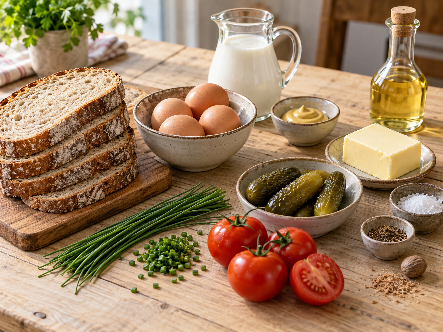 Zutaten für Eierbrot mit Brot, Eiern, Milch und Schnittlauch