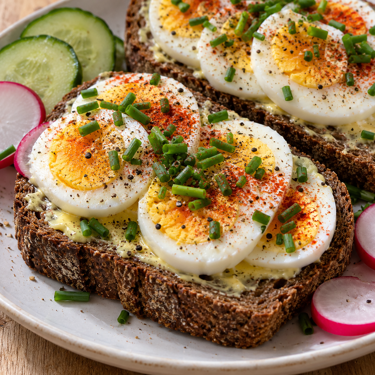 Eierbrot auf dunklem Brot mit Schnittlauch, Pfeffer und Radieschen